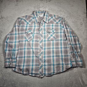 Wrangler Shirt Men's 2XL Gray/Blue Long Sleeve Pearl Snap With Pockets